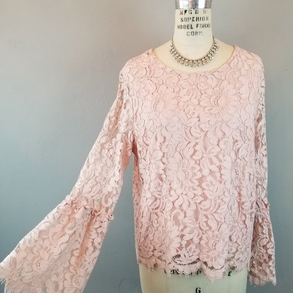 Blush Pink Eyelash Lace Long Sleeve Blouse by Simply Styled Women's Size Large - Picture 1 of 10